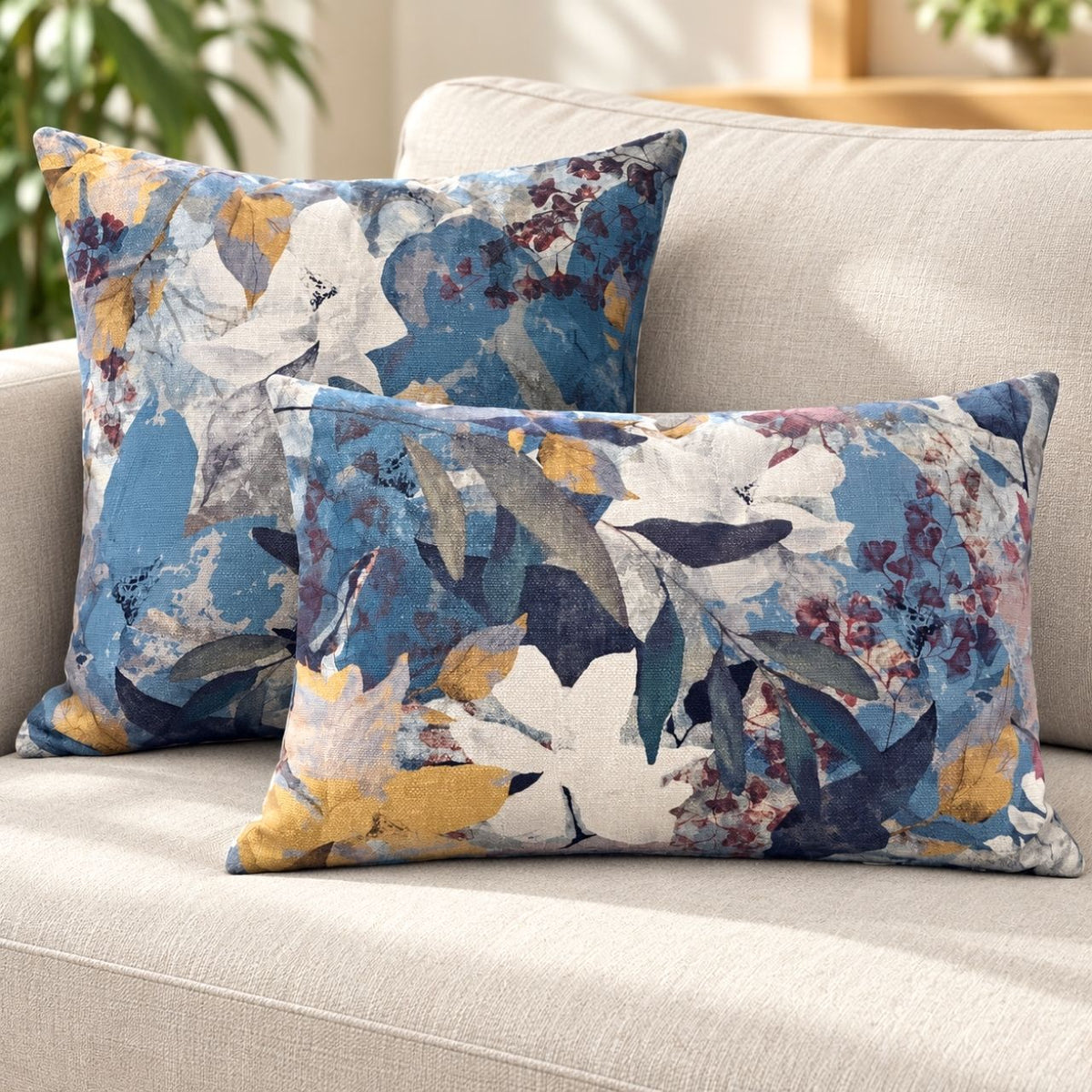blue pink ochre cushion