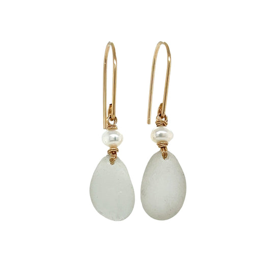 Clear Sea Glass Pearl Gold Earrings