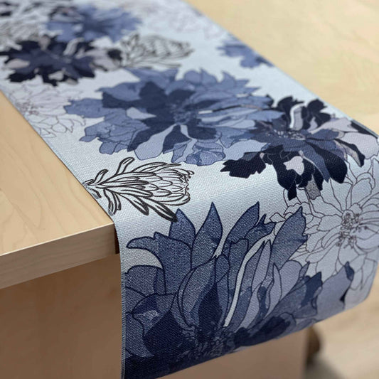 Antique Floral Blue table runner with navy and blue flowers with fine floral outlines on a pale background